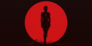 Futuristic Cyber Punk Demon Digital Virus made out of lots of Small Cubes with Red Eyes and a Glowing Red Heart with a Splash of Cubes Arms by the Side 3d illustration 3d render