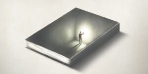 illustration of man inside a book, surreal optical illusion educational concept